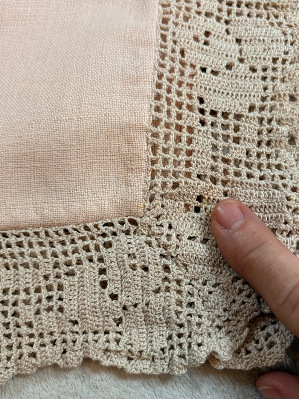 Classic Crochet Lace Trim Linen Tablecloth in Cream Tan Vintage Handmade